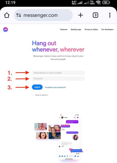 open messenger on chrome using phone
